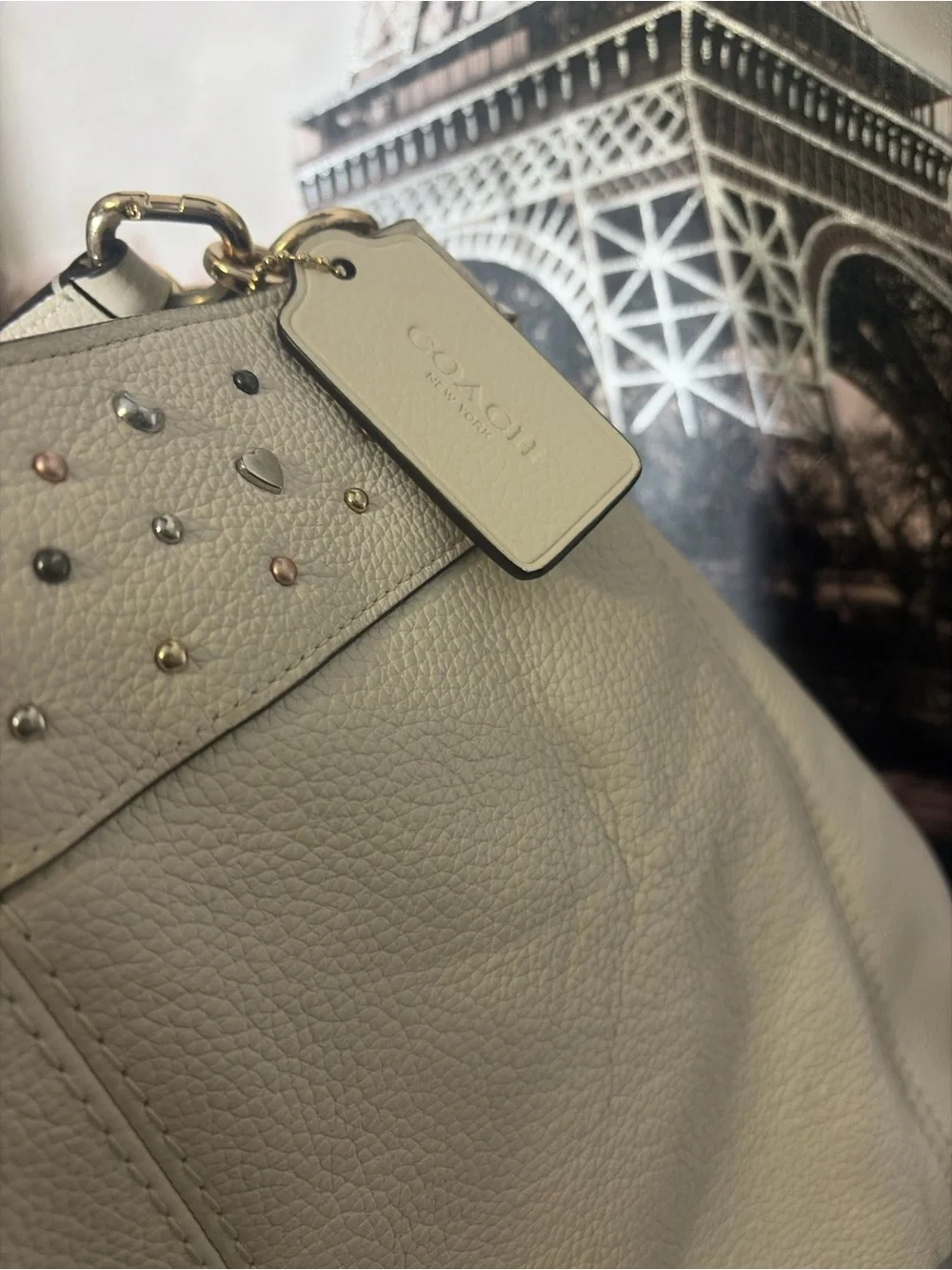 Coach F22744 Chalk Pebbled Leather Studded Rivet Shoulder Bag Purse